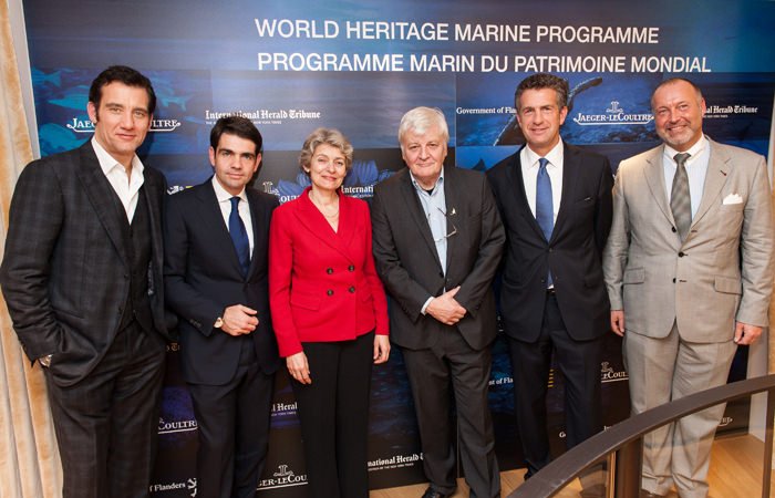 Clive Owen, Jaeger-LeCoutlre friend, Jérôme Lambert, Jaeger-LeCoultre CEO, Irina Bokova, UNESCO general director; French film director Jacques Perrin; Stephen Dunbar-Johnson, International Herald Tribune President and Nic Vandermarliere, Representative of Flanders to UNESCO