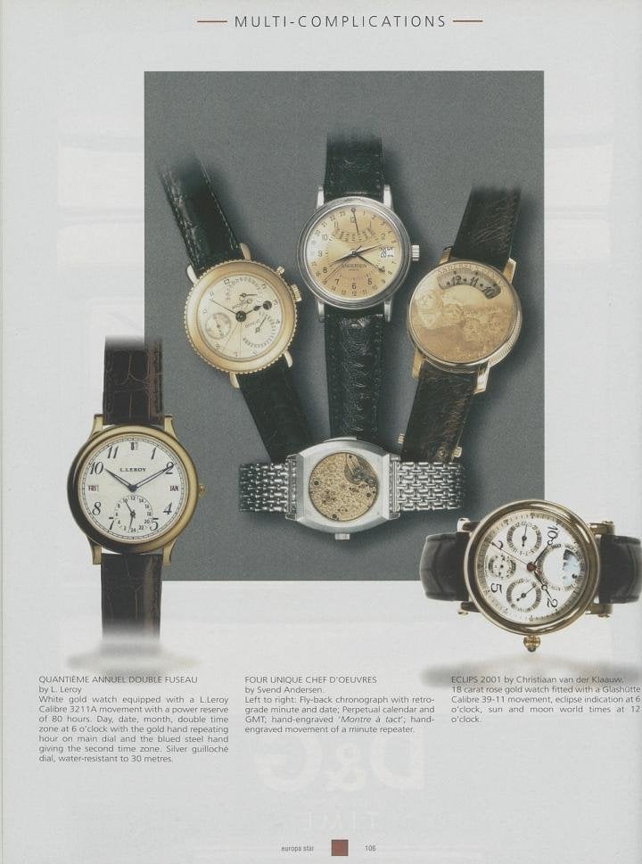  A show of strength from the Andersen Genève workshops in 2001 (central image), with four high-complication models, including a hand-engraved Montre à Tact.