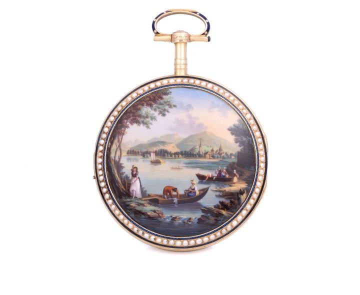 LOT 338 is an exceptional and highly sought-after 18K gold pocket watch from Ilbery London, Switzerland, beautifully crafted with painted enamel and pearl accents, and boasting a rare duplex escapement. This stunning timepiece is attributed to the renowned enamel artist Jean-Louis Richter, whose works are highly prized by collectors.