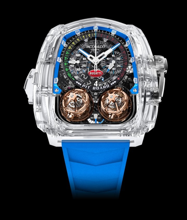 In 2021, Jacob & Co. has released new timepieces from its Twin Turbo Furious collection that feature both a fully transparent sapphire crystal case and a decimal minute repeater, a first in the world of haute horlogerie. This includes the “Bugatti Blue” timepiece, which celebrates the manufacturer of high-performance sports cars.