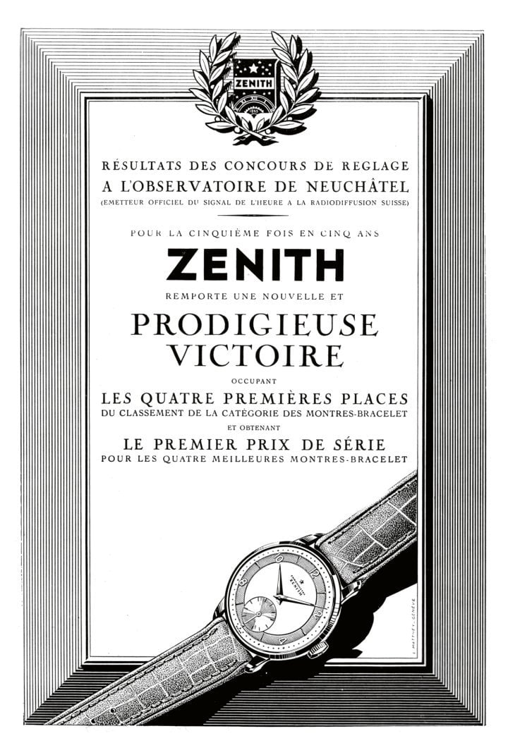 1954: Success at the Geneva and Neuchâtel Observatories' precision competitions became an important promotional tool. Here, Zenith celebrates a “new and prodigious victory” in Neuchâtel, marking their fifth win in a row.