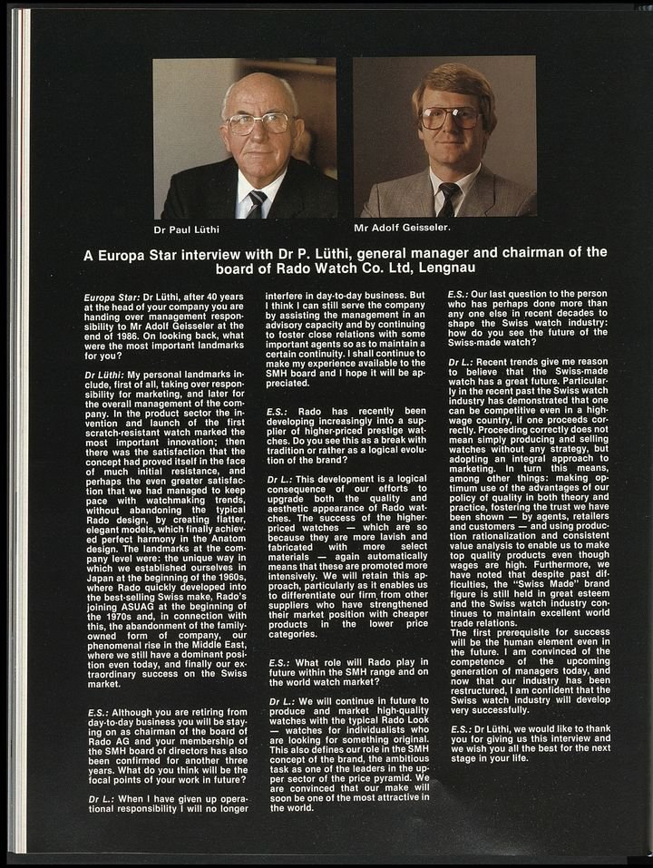 In 1986, the year high-tech ceramics were launched, Europa Star published this significant article on Rado's new products and interviewed its legendary director, Paul Lüthi.