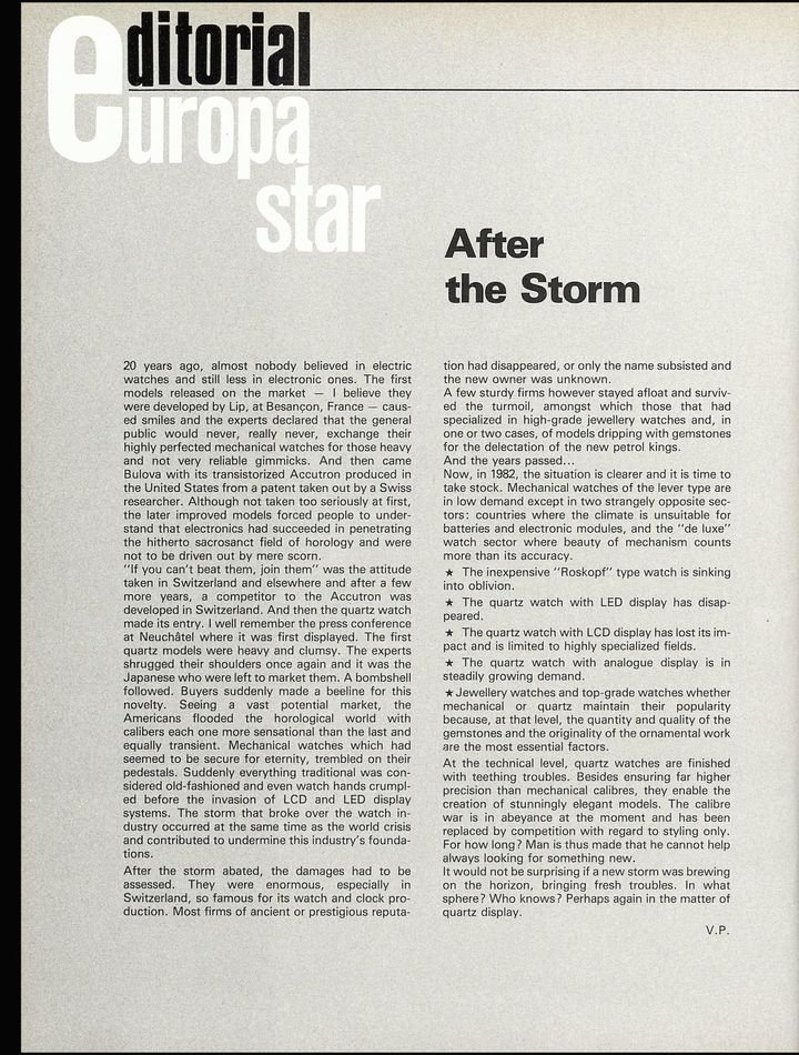 When this editorial was written in 1982, analogue quartz watches were dominant, but LED and LCD had failed, and top-grade mechanical watches were ready for a renaissance.