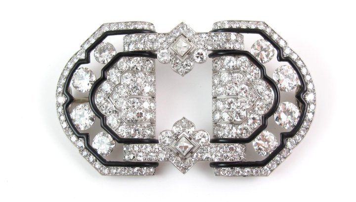 Faerber Collection – Art Deco diamond (total estimated weight 16 carats) and black enamel brooch, mounted on platinum with French assay mark and partial maker's mark (Maynier et Pinon), circa 1930