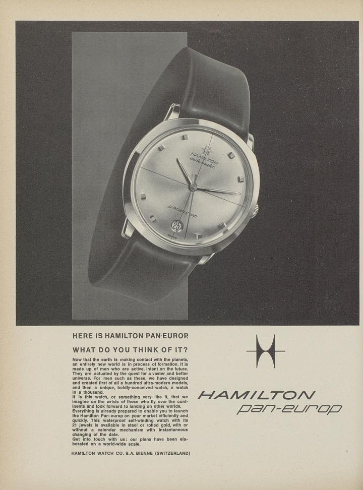 An advertisement for the Hamilton Pan Europ model in a 1963 edition of Europa Star, when the US-born brand had just moved to Biel.