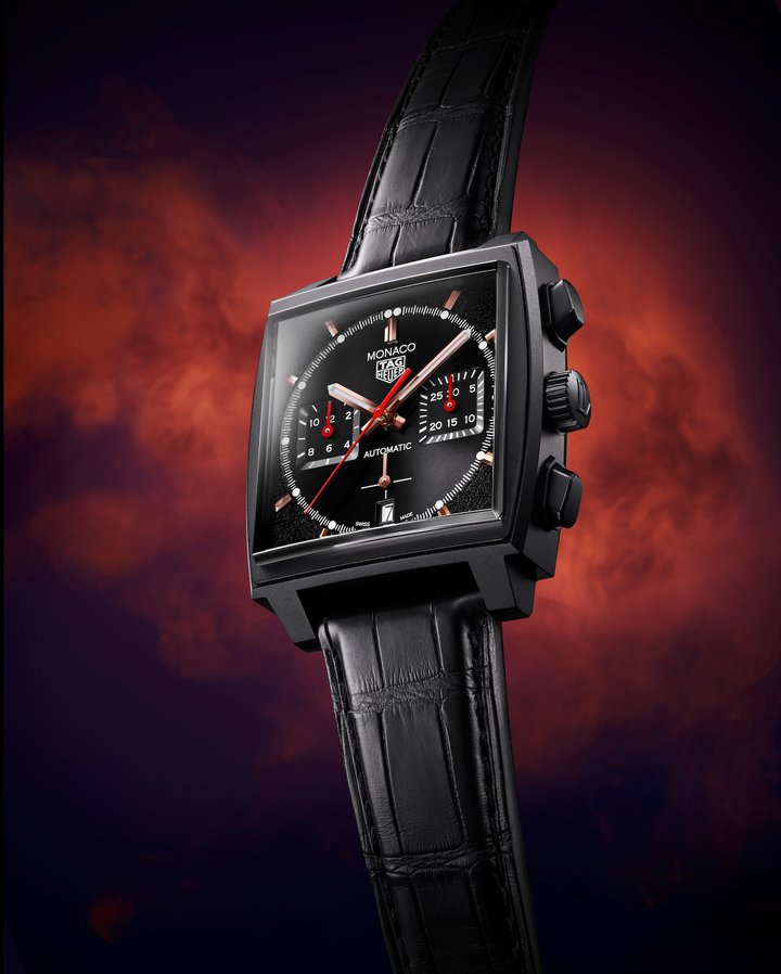 The dial offers a radically new celebration of the TAG Heuer Monaco's “circle in a square” geometry, being constructed of two separate pieces, with contrasting finishes. The circle at the centre of the dial has a satin- brushed circular finish, reflecting the speed and smoothness of racing. The exterior of the dial offers a dramatic contrast, being sandblasted to create a rough finish offering the perfect transition from the dial to the case.