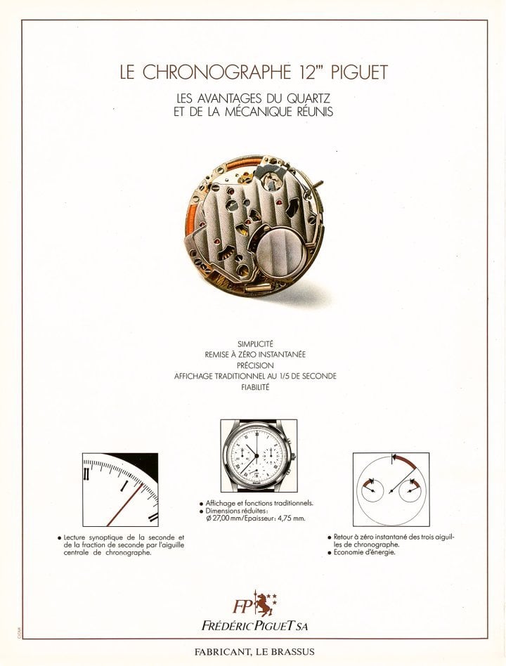 1989: Quartz doesn't necessarily mean cheap. Movement manufacturer Frédéric Piguet introduces a high-quality hybrid chronograph that combines electronic and mechanical functions.