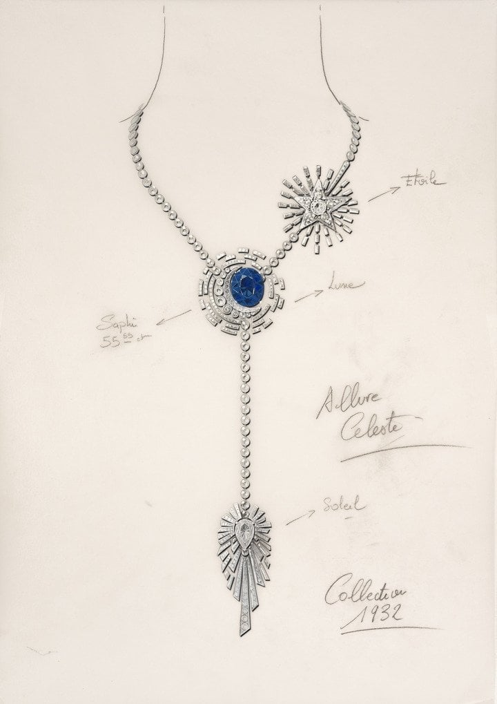 Chanel 1932 Collection Allure Céleste necklace in white gold and diamonds with a 55.55 ct. oval-cut sapphire, 8.05 ct pear-cut diamond D FL (Type IIa) and a 2.52 ct brilliant-cut diamond D FL (Type IIa).