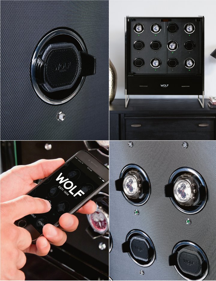 The Viceroy watch winder cabinet from WOLF features a grey patterned silk interior and black vegan leather exterior. It will display 12 or 16 watches, keeping them perfectly wound and protected, while the drawer accommodates additional watch storage for 4 watches and a removable Triple Watch Roll for 3 watches. 