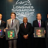 Mr. Moses Lee, Chairman of Tote Board Singapore, Mr. Juan-Carlos Capelli, Vice-President of Longines and Head of International Marketing, Guest-of-Honour Mr. S.R. Nathan, former President of Singapore, Mr. Tan Guong Ching, Chairman of Singapore Turf Club, and Mr. Richard Sim, Organizing Committee & Honorary General Secretary of Community Chest.