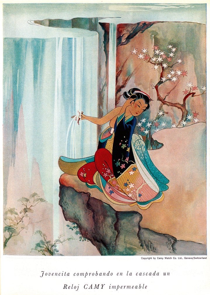 1959: Inspired by oriental art, this illustration shows a girl testing the Camy waterproof watch under a waterfall, offering a refreshingly original approach to a subject typically discussed in terms of technical features and practicality.