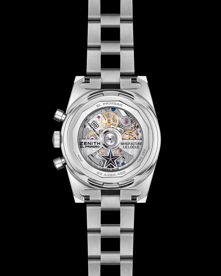 It is powered by the El Primero 400 calibre, the direct descendant of the El Primero 3019 PHC movement introduced in 1969. Entirely designed and manufactured in-house, it beats at a frequency of 5 Hz (36,000 vibrations per hour), enabling 1/10th-of-a-second time measurement. Composed of 278 components and offering a 50-hour power reserve, the movement also features Zenith's signature openworked five-pointed star rotor.
