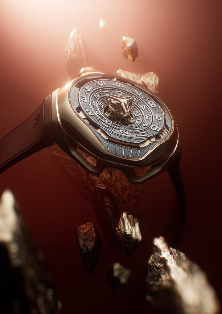 Devoid of a traditional display, this new rose gold Black Hole relies on the movement's three-dimensional structure to reveal a play of shadows and reflections, animated by microblasted and polished surfaces.