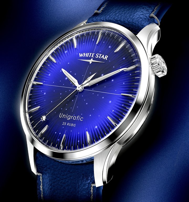 With its midnight blue dial, studded with twinkling stars, and its crown at 2 o'clock, the White Star Unigrafic is the brand's dress watch.