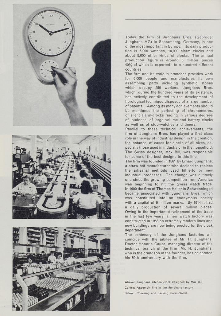 In the 1960s, Junghans was one of the most important European watch and clock manufacturers with a production of 5 million pieces a year and a workforce of 6,000 people, as this article from 1961 reports. Top left: the Junghans kitchen clock designed by Max Bill.