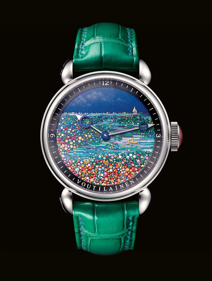 Voutilainen 28 Kohan Unique Piece: where to begin when describing this watch, crafted at the request of a Finnish collector as the gift of a lifetime for his wife? Every inch of the decoration, on the dial, the case, the inside and outside of the cover and the movement itself, is how he asked for it to be. Depictions of Lake Saimaa adorn the dial, a Finnish autumn recreated in miniature. On the outside of the cover, two seven-spotted ladybirds, Finland's national insect, have landed on a silver birch leaf (the country's national tree). The inside is adorned with lily-of-the-valley, the national flower, and the country's national butterfly, the holly blue, shown wings spread in search of nectar. An attentive eye will take in the wealth of detail inscribed on the white gold case, such as a tiny map of Finland, a bear's pawmark (the Finnish national animal) and the lady's birthday, as well as on the movement itself, with its richly decorated ratchet wheel and bridge… not forgetting an amusing reference to Madam's favourite water, with a power-reserve indicator in the form of a Vichy mineral water bottle!