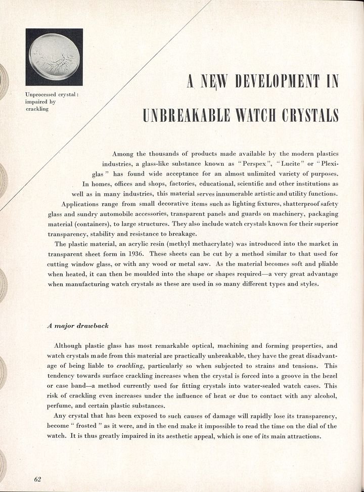 Innovation in “unbreakable watch crystals” presented in Europa Star in 1954