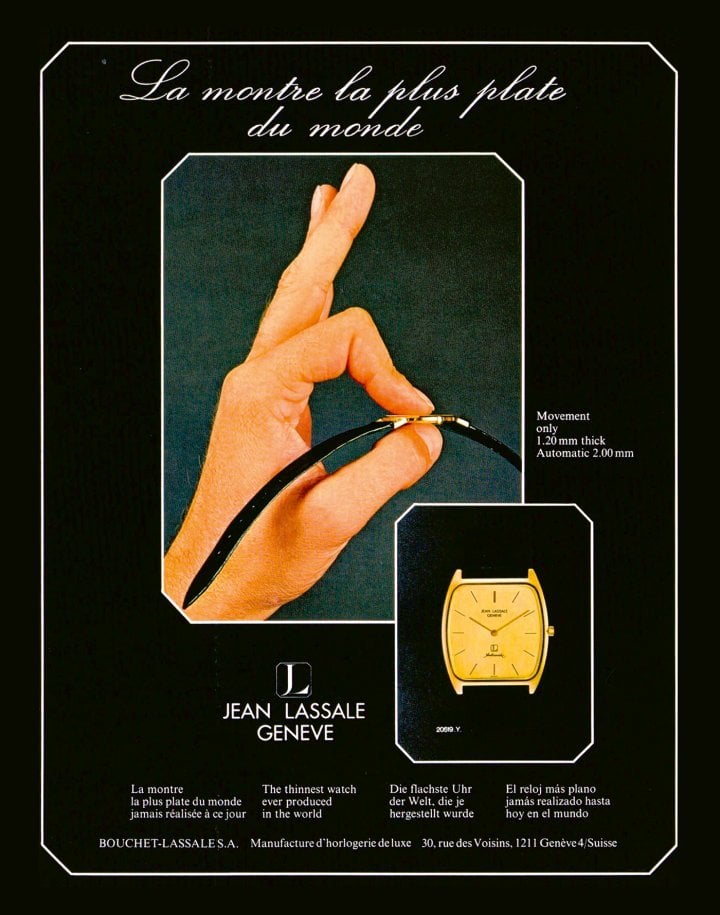 1977: Ultra-thin timepieces have long been a Swiss speciality. Newcomer Jean Lassale takes this to the extreme with a record-breaking design in mechanical calibres that will remain unmatched for decades. However, the massive advertising campaign fails to achieve the desired outcome, and the company goes bankrupt after just six years.