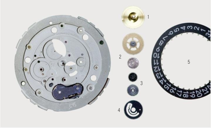 1﻿. Hour wheel pinion 2. Part of the dial train 3. Rapid date adjustment 4. Date adjustment disc 5. Date disc