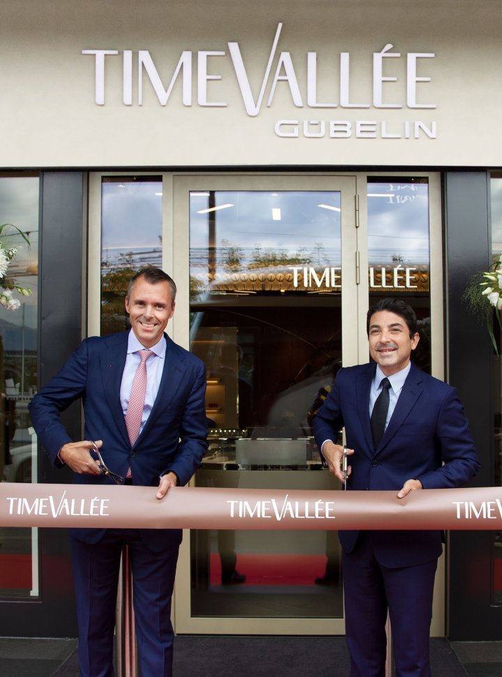Raphael Gübelin, President of Gübelin, and Michael Guenoun, CEO of TimeVallée, at the opening of the boutique in summer 2022
