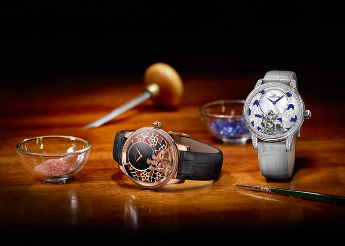 Petite Heure Minute Relief Goats (in red and white gold) by Jaquet Droz