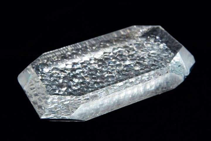A raw quartz crystal, produced in a Seiko autoclave, which will then be shaped into little slivers.