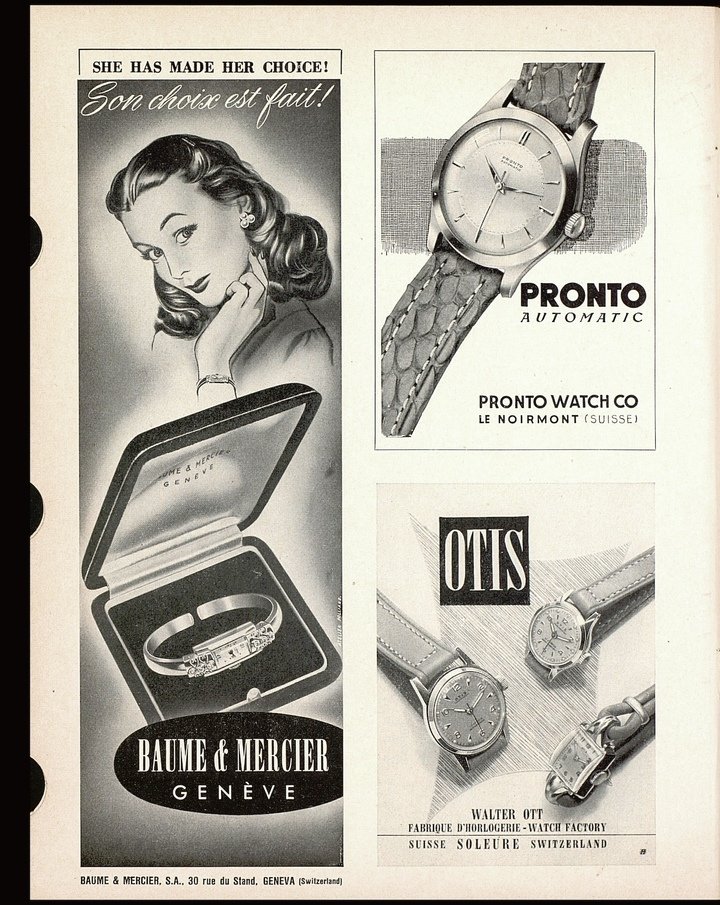 An advert for Baume & Mercier, published in Europa Star in 1952, already emphasises women's watches.