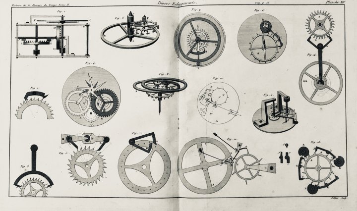 In 1802 watchmaker Ferdinand Berthoud published his “Histoire de la mesure du temps”, a richly illustrated compendium of horological knowledge at that time. In these pages, Berthoud shows how “various escapements” function. The curious reader can try and recognise the different types using Olivier Laesser's book as a reference. For example, the crown-wheel escapement (fig. 1), George Graham‘s cylinder escapement (fig. 2) and the Le Roy-Robin direct-impulse detached escapement (fig. 13).
