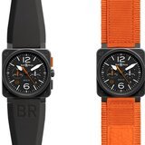 BR 03-94 Carbon Orange - Left: Black rubber strap, Right: Orange canvas strap