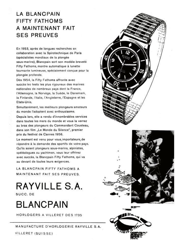 1957: Blancpain's Fifty Fathoms, one of the first mass-produced dive watches, is showcased in an ad that traces its journey from initial tests in 1953 to its adoption by various navies in 1957, and its appearance in the 1956 documentary “The World of Silence”.