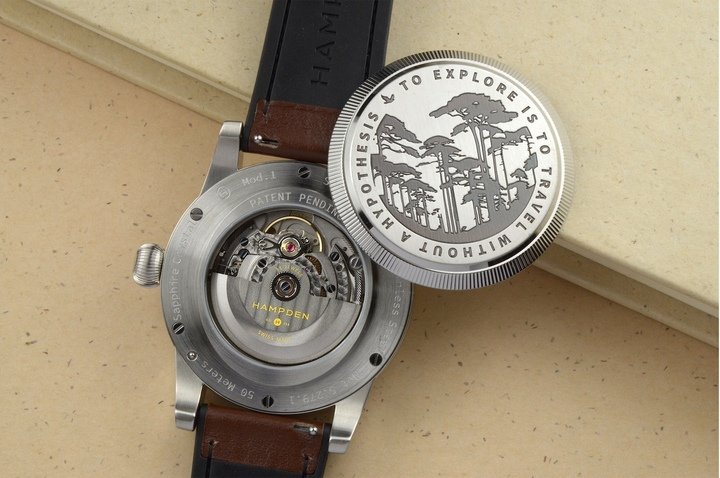 Hampden's patented Casecap® system, shown with an engraved casecap. The interchangeable caseback allows wearers to switch between an engraved back and exhibition back.