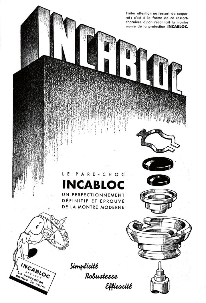 1939: The Incabloc anti-shock device, patented in 1933, significantly enhanced wristwatch reliability. The advertiser's choice to make a wall the central element is an effective if unsubtle allusion to robustness.
