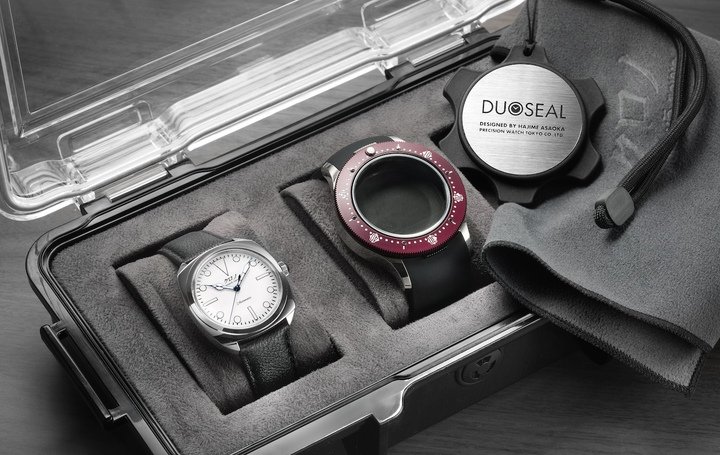 Kurono Tokyo's latest creation: an elegant 37mm cushion-shaped dress watch that transforms into a water-resistant timepiece by slipping into a protective outer case that conceals and shields the watch - including its crown. A truly unique design.