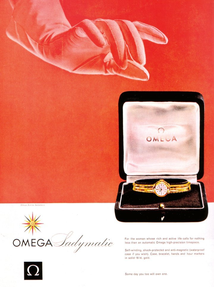 1955: A gloved female hand reaches out towards the Ladymatic, suggesting that Omega's compact design and automatic movement perfectly meet the needs of the elegant, modern and active woman.