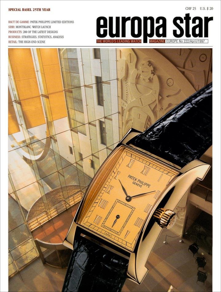 To celebrate the opening of its new factory, Patek Philippe presented the Gondolo, a piece inspired by designs from the 1940s. It was featured on the cover of Europa Star 2/1997, with the entrance to the manufacture in the background.