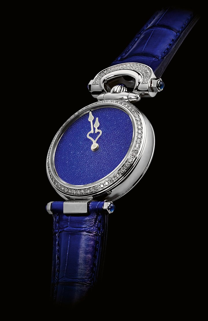 Miss Audrey Sweet Art Sugar dial: the process of producing this dial is extraordinarily complex. First, the pure sugar crystals are prepared so their structure will not change when exposed to light or heat (no, the sugar crystals will not melt). The crystals are chosen for size, then combined with special paints and hand-applied to the dial by one of Bovet's miniature painting artisans. This demanding process, protected by a patent, leaves no room for error. One misstep and the entire process has to start again.
