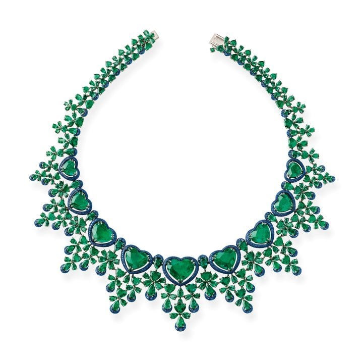 Necklace in 18k Fairmined white gold and titanium, set with heart-shaped and pear-cut emeralds and brilliant-cut sapphires