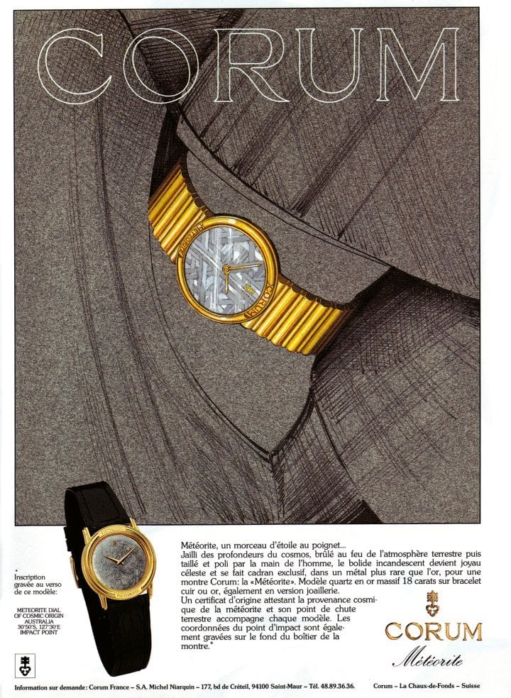 1986: “A fragment of a star on the wrist”. Among the watch industry's innovations, meteorite was the only one accompanied by a “certificate of cosmic origin”. Here, Corum stresses that the material used for the dial is “rarer than gold”.