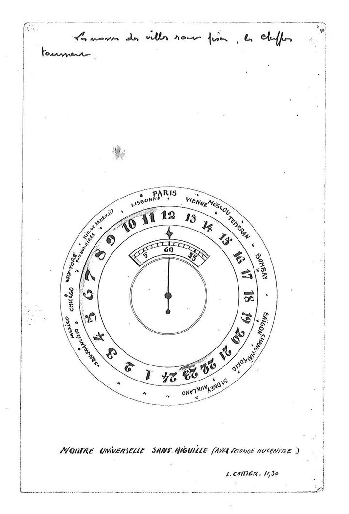 Original drawing, signed Louis Cottier, 1930: “Universal watch without hands (with centre seconds)”. “The names of the cities are fixed, the numbers turn.”