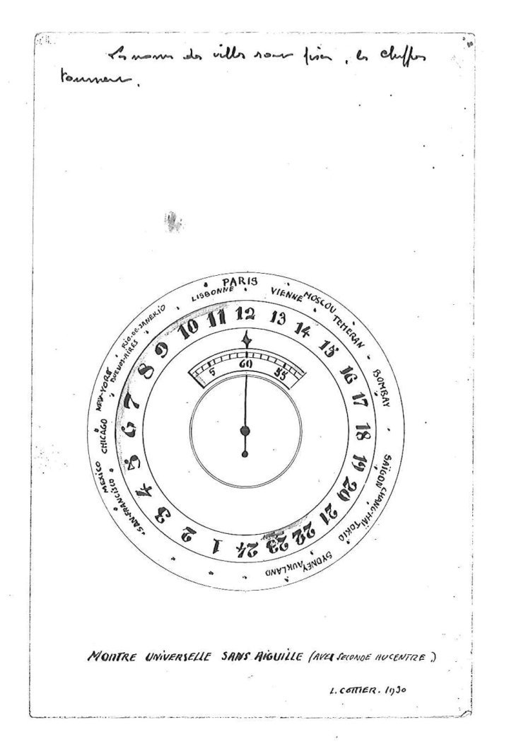 Original drawing, signed Louis Cottier, 1930: “Universal watch without hands (with centre seconds)”. “The names of the cities are fixed, the numbers turn.”