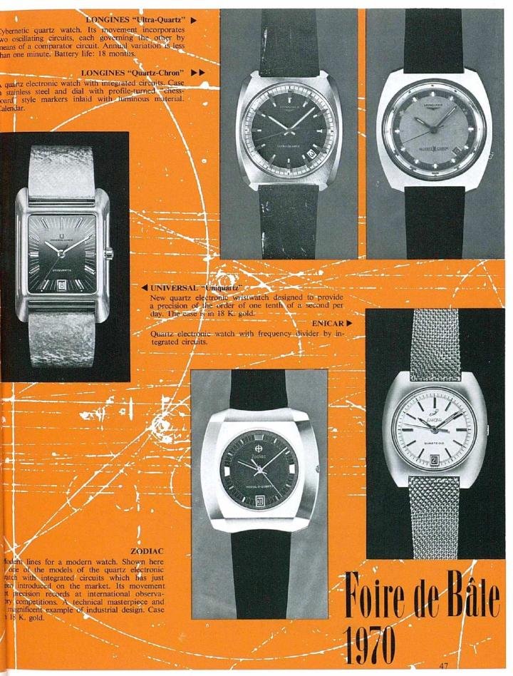 Longines presented both the Quartz-Chron, using the CEH Beta 21, and their own in-house Ultra-Quartz models at the Basel Fair in 1970.