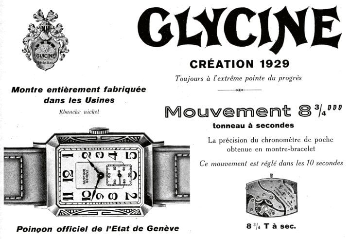 1929: Featuring a movement that met the stringent standards of the Geneva Seal, Glycine offered “the precision of a pocket chronometer in a wristwatch”. This wording implies that wristwatches were on the cusp of surpassing pocket watches in the eyes of the public.