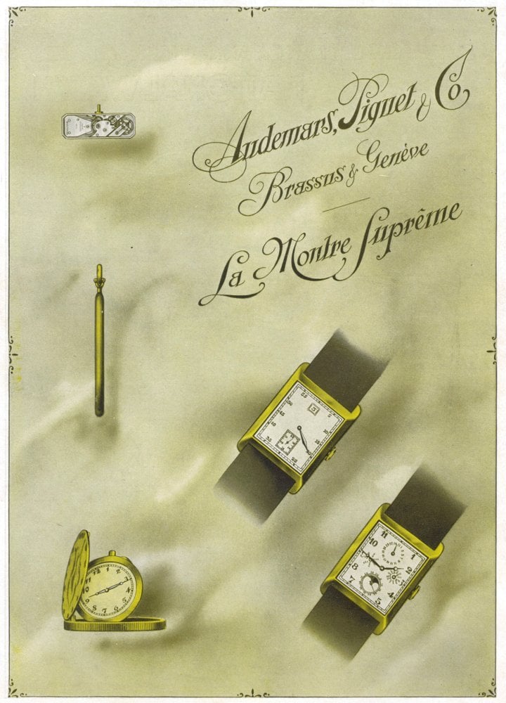 1925: Audemars Piguet, a specialist in complicated watches from the outset, miniaturised their movements to fit the cases of wristwatch models, with a focus on rectangular shapes, as its audience's taste dictated.