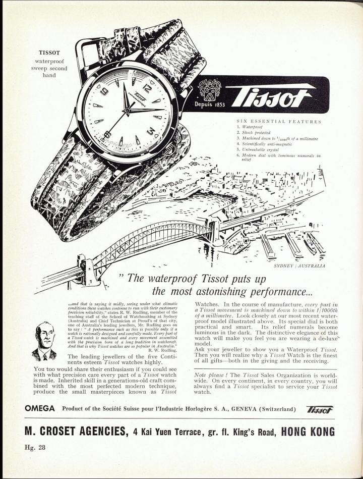 Swiss importer Marc Croset, who represented Omega and then Tissot in China for several decades, left Shanghai for Hong Kong at the end of the 1940s. There, he helped to cement the brands' reputation in the Far East and as far afield as Australia.