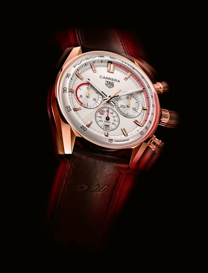 Under the glassbox, the dial of the new watches captivates with a visual representation of speed and acceleration. Red lines on the flange pay homage to the very first Porsche 911's 0-100km/h acceleration in just 9.1 seconds. The steel version boasts a shimmering silver dial and flange, while the gold edition exudes a refined elegance with its lustrous beige dial and flange.