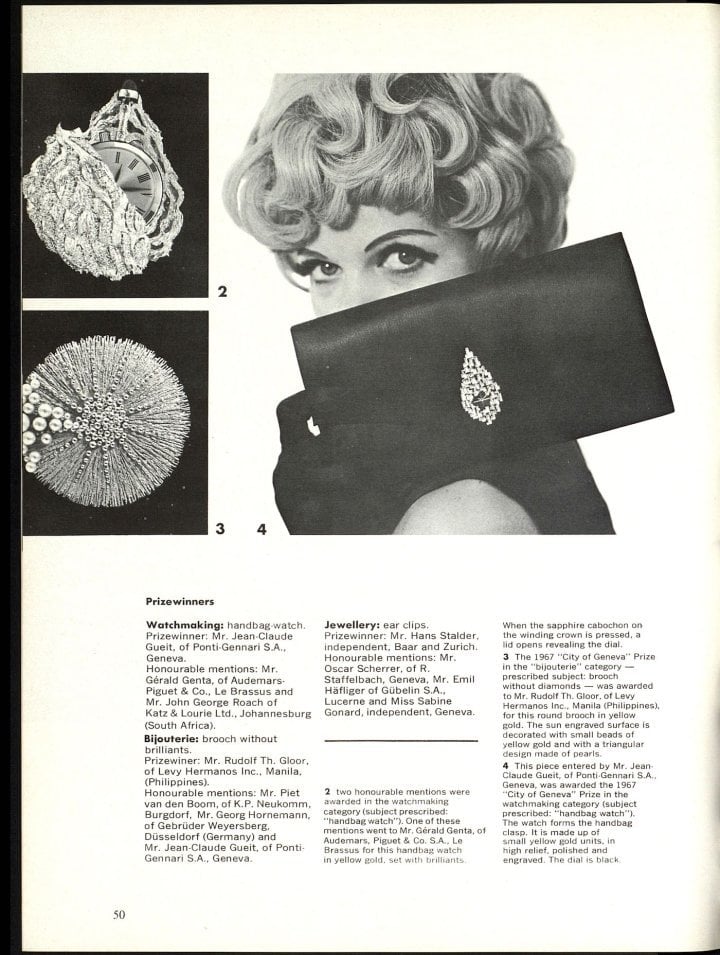 The winners of a watch and jewellery design competition presented in Europa Star in 1967: among them we can spot some names that became well-known in the industry, such as Jean-Claude Gueit and Gérald Genta, with original creations such as the handbag watch.