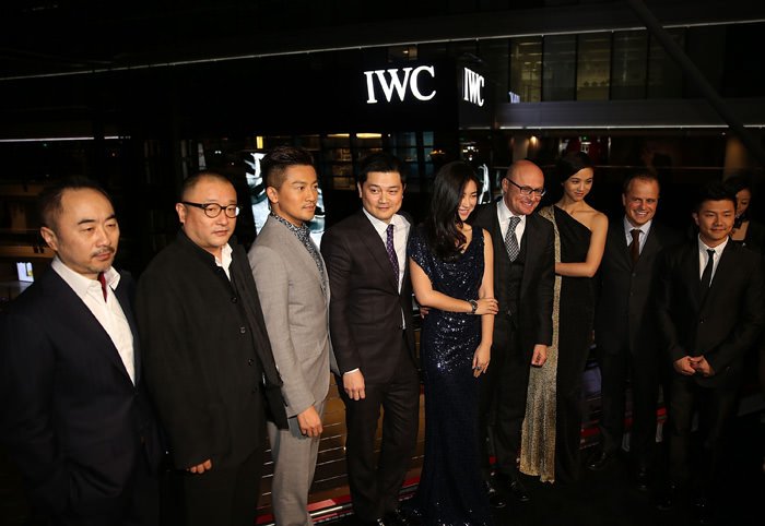 (L to R) Artist Wang Lu Yan, flim director Wang Xiao Shuai, Actor Alec Su, Managing Director of IWC China Dennis Lee, actress Zhu Zhu, CEO of IWC Georges Kern, actress Tang Wei, Managing Director of IWC Asia Pacific Benoit de Clerck and Olympic gold medalist Chen Yibing pose for photographs during the IWC Flagship Boutique Opening