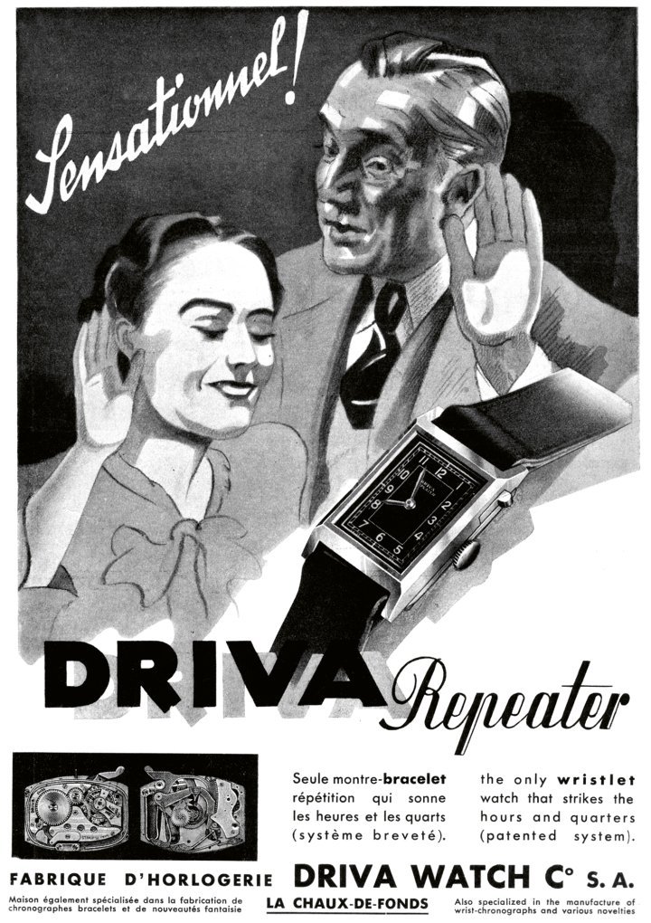 1937: To promote its “sensational” hour and quarter repeater, Driva's designer superimposes the watch's image onto those of two potential buyers, suggesting that the model is unisex.