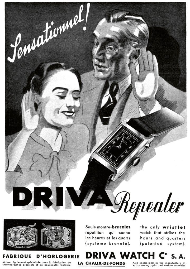 1937: To promote its “sensational” hour and quarter repeater, Driva's designer superimposes the watch's image onto those of two potential buyers, suggesting that the model is unisex.