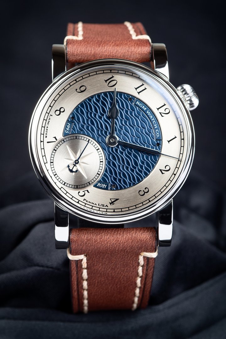 Custom RGM Model 222: a modern wristwatch featuring a vintage Hamilton pocket watch movement and a hand-made wave guilloché dial